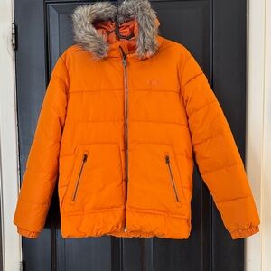 Bright Orange women Faux Fur Trim Puffer Jacket